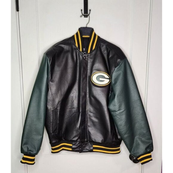 Green Bay Packers JH Design Leather Full-Snap Jacket - Black/Green Size XL - Picture 1 of 11